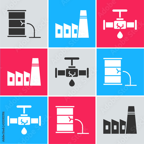 Set Barrel oil leak, Oil industrial factory building and Broken pipe with leaking water icon. Vector.