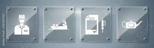 Set Canister for motor oil, Contract money and pen, Oil tanker ship and Oilman. Square glass panels. Vector.