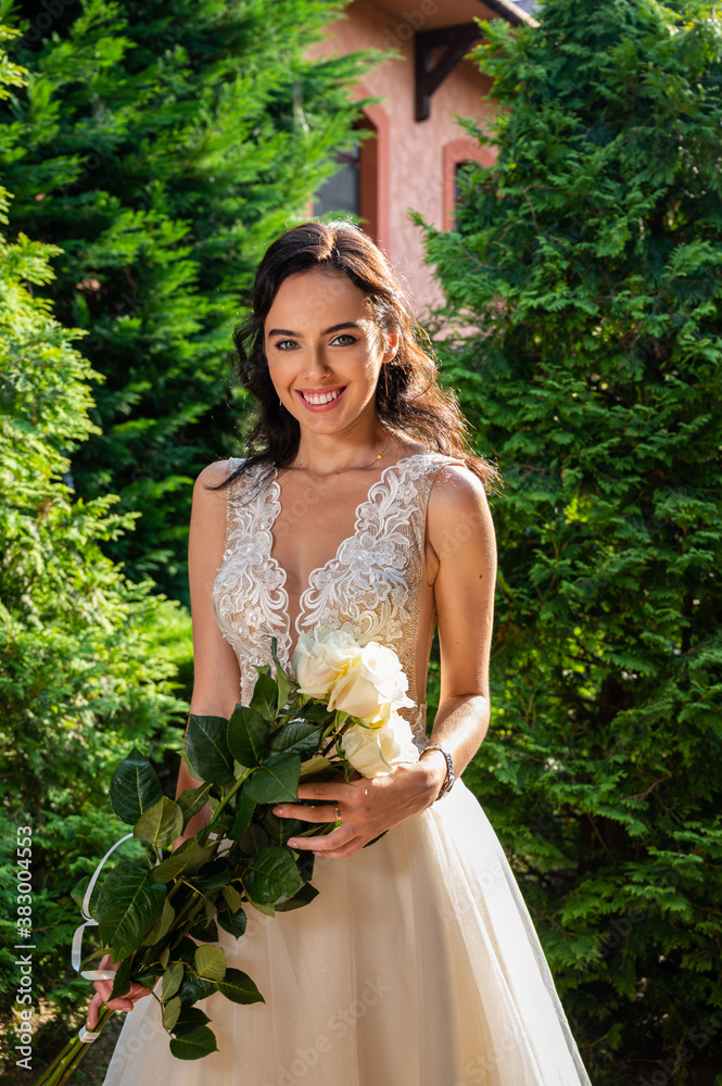 Modern bride in a beautiful dress in sunny day Modern bride in a beautiful dress in sunny day