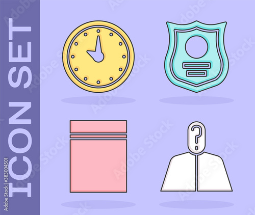 Set Anonymous with question mark, Clock, Plastic bag with ziplock and Police badge icon. Vector.
