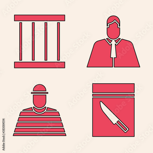 Set Evidence bag and knife, Prison window, Lawyer, attorney, jurist and Prisoner icon. Vector.