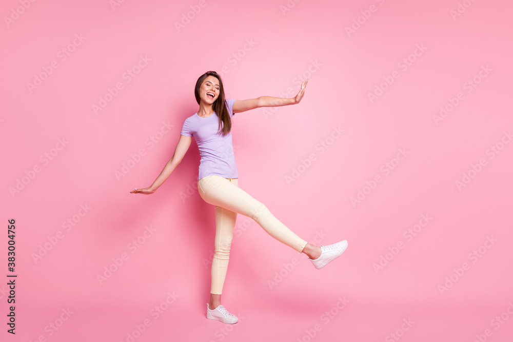 Full length body size view of her she nice-looking attractive pretty cheerful cheery glad slim fit thin slender girl having fun dancing rest chill out isolated over pink pastel color background