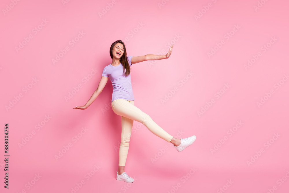 Full length body size view of her she nice-looking attractive pretty cheerful cheery glad slim fit thin slender girl having fun dancing rest chill out isolated over pink pastel color background Full length body size view of her she nice-looking attractive pretty cheerful cheery glad slim fit thin slender girl having fun dancing rest chill out isolated over pink pastel color background