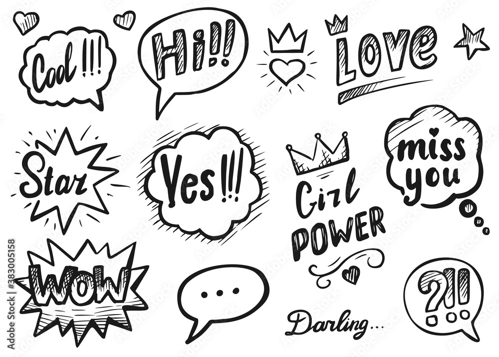Chat bubble sketch. Dash line drawing chat message with phrase. Handwritten texting thought speech bubble. Dialog window icon sticker isolated vector set. Hand drawn dialogue cloud sketch illustration