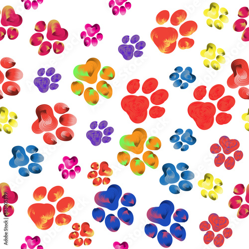 Multicolored paw track seamless pattern on transparent background. Hand drawn vector illustration. Ornament for wallpaper, textile, scrapbook, wrapping