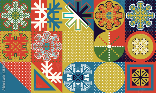 Simple flat local background of multicolored geometric shapes and snowflakes.