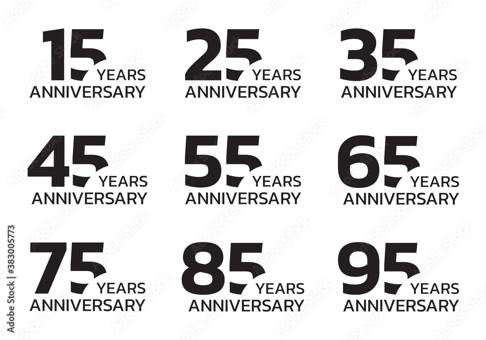 Obraz premium Anniversary set. Birthday badge or logo collection with 15, 25, 35, 45 55, 65, 75, 85, 95 years celebrating. Vector illustration.