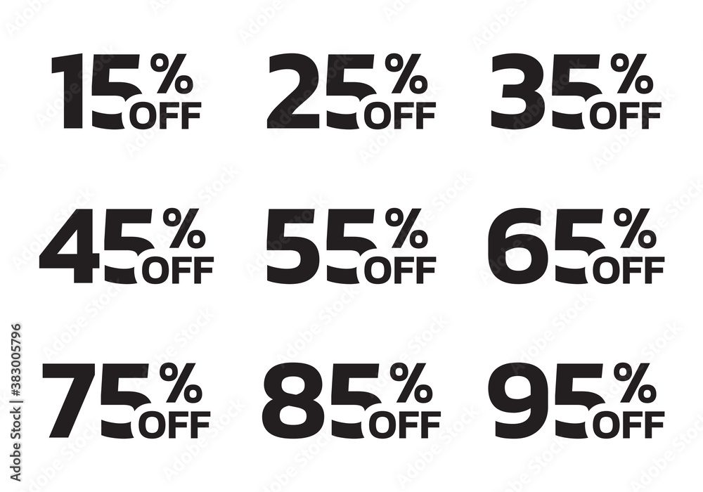 Price off label or badge set. Sale icons or tags with 15, 25, 35, 45, 55, 65, 75, 85, 95 percent discount. Vector illustration. Price off label or badge set. Sale icons or tags with 15, 25, 35, 45, 55, 65, 75, 85, 95 percent discount. Vector illustration.