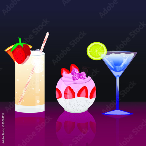 Three tempting drinks, with fresh berries and citrus wedges on the dark background.