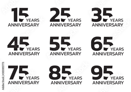 Anniversary set. Birthday badge or logo collection with 15, 25, 35, 45 55, 65, 75, 85, 95 years celebrating. Vector illustration.