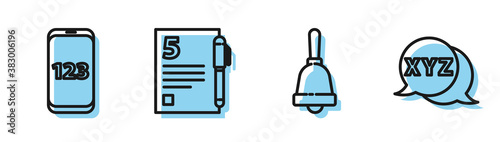 Set line Test or exam sheet, Book with word mathematics, Open book and Calculator icon. Vector.