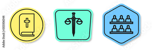 Set line Holy bible book, Scales of justice and Jurors. Colored shapes. Vector.