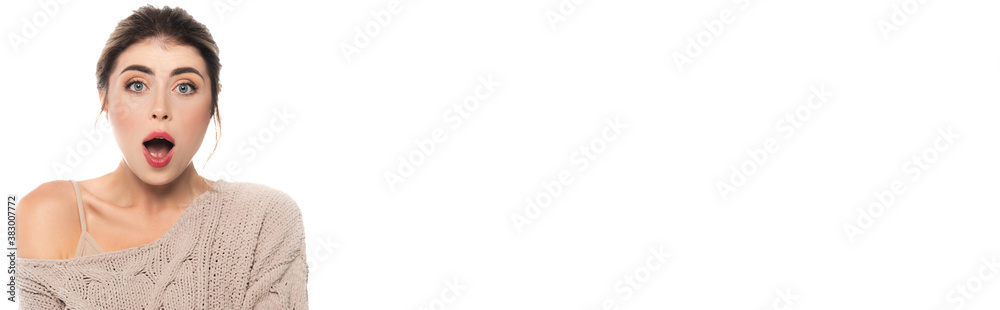 website header of shocked woman in knitted sweater looking at camera isolated on white website header of shocked woman in knitted sweater looking at camera isolated on white