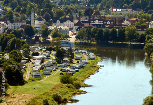 Aerial view of a campground with many caravans at a loop of the Weser in the Weserbergland near Beverungen  Germany