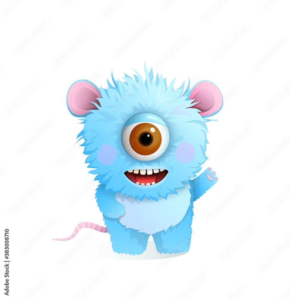 Cute hairy fluffy monster with one big eye for children, greeting or congratulating. Smiling imaginary creature design for kids, vector 3d cartoon illustration.
