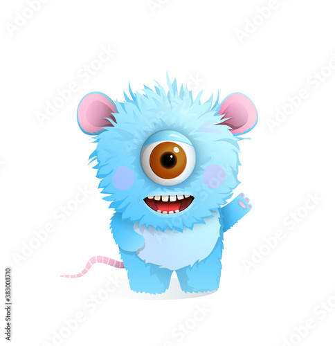 Cute hairy fluffy monster with one big eye for children  greeting or congratulating. Smiling imaginary creature design for kids  vector 3d cartoon illustration.