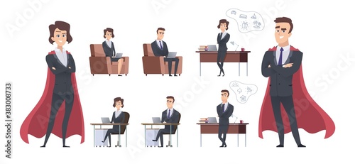 Male female business characters. Different office situation, manager superhero or team leader. Leadership and creating new ideas vector illustration. Character female and male superhero in office