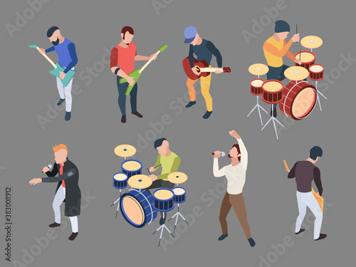 Music band. Isometric characters musicians singers with microphone rock band music instruments vector people illustrations. Character musical band, music rock isometric
