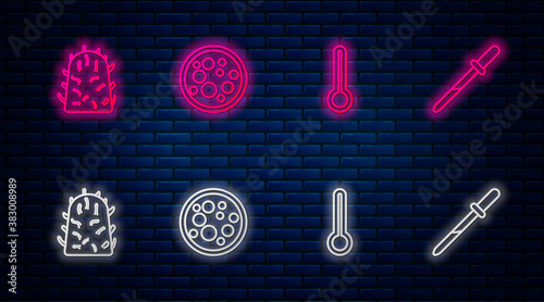Set line Virus, Medical thermometer, Rabies virus and Pipette. Glowing neon icon on brick wall. Vector.