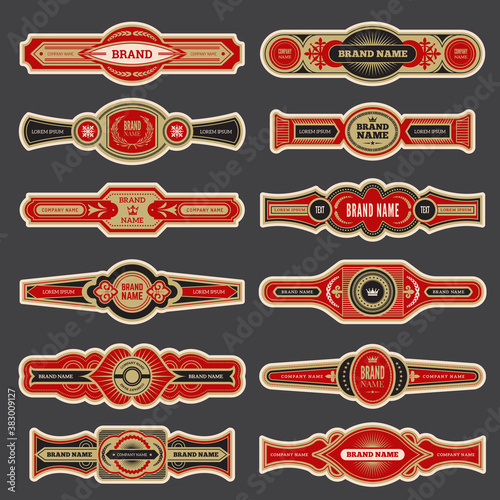 Cigar labels. Colorful vintage banded badges for cigar branding vector set. Cigar smoking different logotype, closeup label collection illustration photo