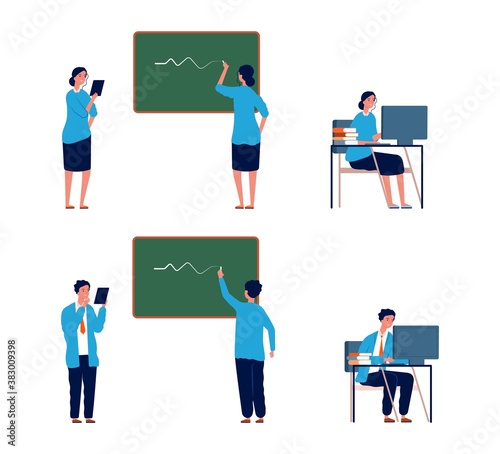 Teacher activities. Male female professors, flat college or school lectors. Persons writing on chalkboard, working with computer vector illustration. Teacher education at school or university