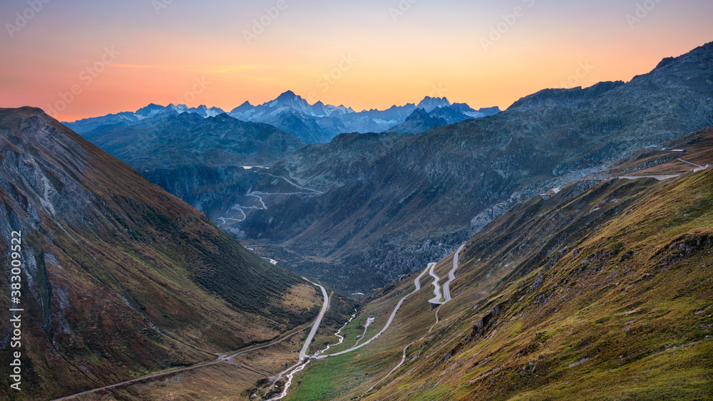 Furka Pass, Swiss Alps. Landscape image of Furka Pass, Switzerland at autumn sunset.