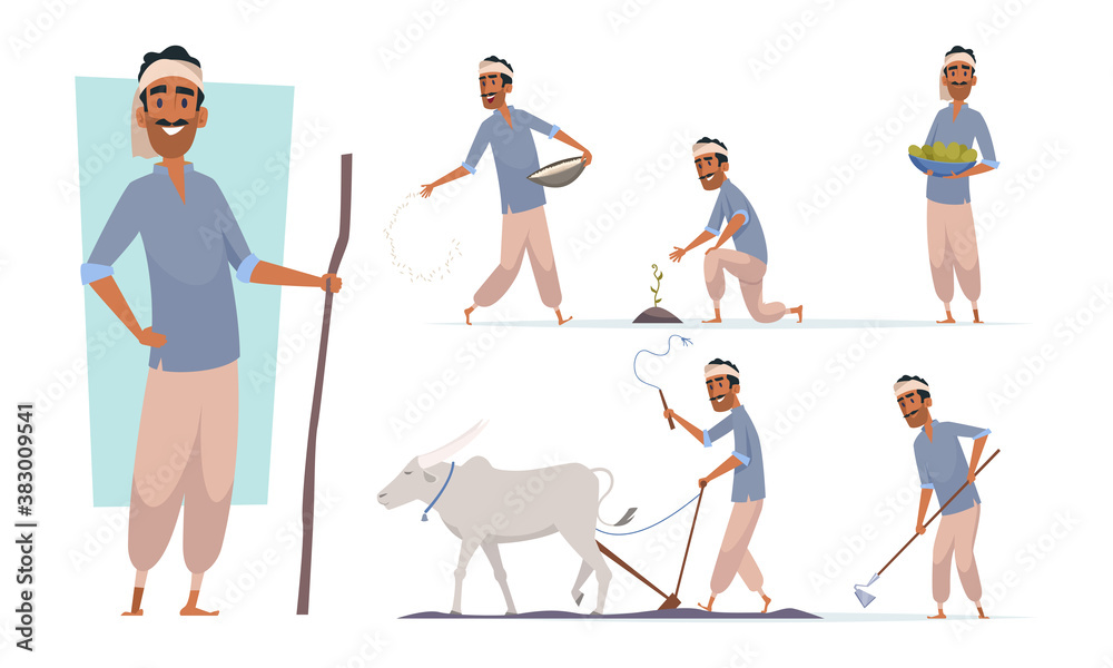 Indian farmer. India village cheering characters working with cow harvesting bangladesh people vector. Illustration india farmer farming agriculture and collect plant - obrazy, fototapety, plakaty 