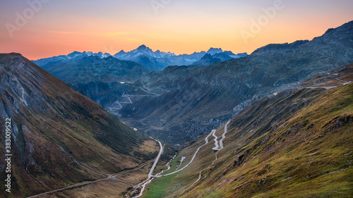 Obraz na płótnie Furka Pass, Swiss Alps. Landscape image of Furka Pass, Switzerland at autumn sunset. w salonie
