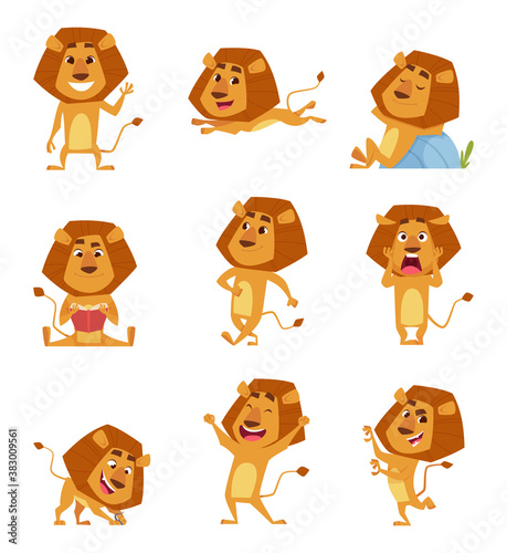 Wild lion cartoon. Cute african big lions mascot in various poses walking standing jumping relaxing vector characters. Lion predator happiness and brave illustration © ONYXprj