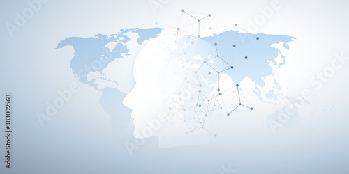 Machine Learning, Artificial Intelligence, Cloud Computing and Networks Design Concept with Human or Robot Face Silhouette, World Map and Network Mesh