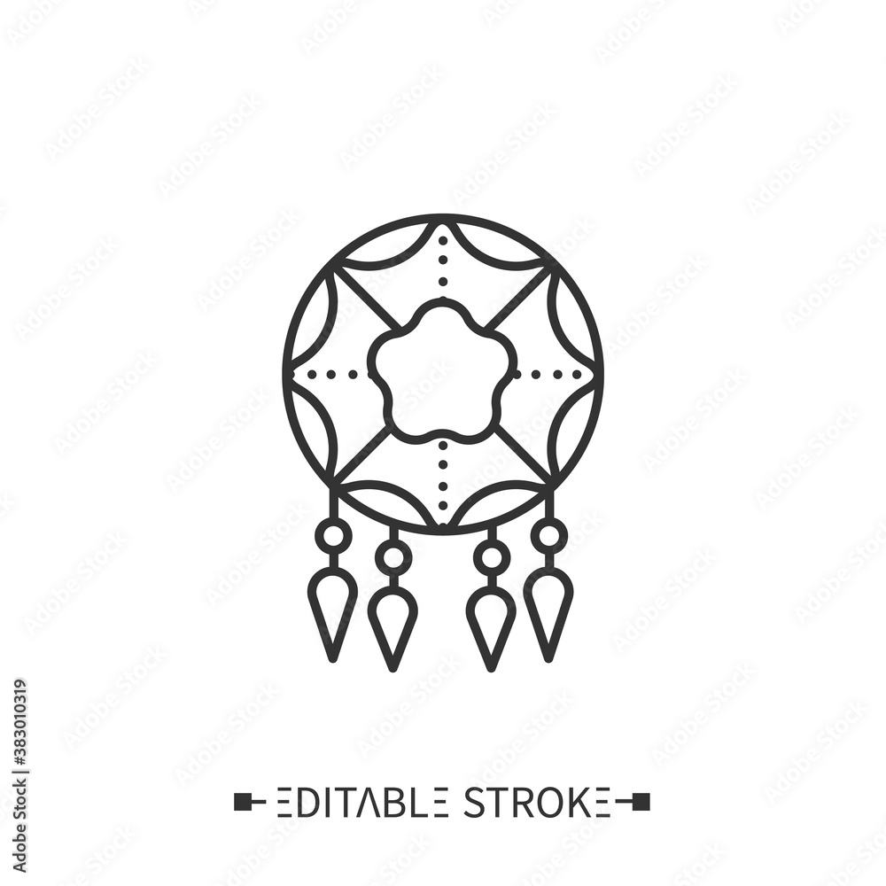 Dreamcatcher line icon. Outline drawing. Handmade willow hoop. Protective tribal amulet. Native American magic, shamanism, boho ethnic element. Decoration.Isolated vector illustrations.Editable stroke Dreamcatcher line icon. Outline drawing. Handmade willow hoop. Protective tribal amulet. Native American magic, shamanism, boho ethnic element. Decoration.Isolated vector illustrations.Editable stroke