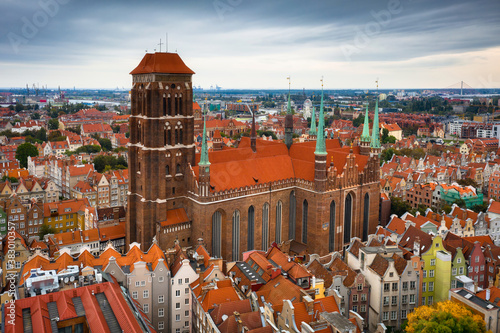 Aerial view of the old town in Gdansk with St. Mary Basilica, Poland