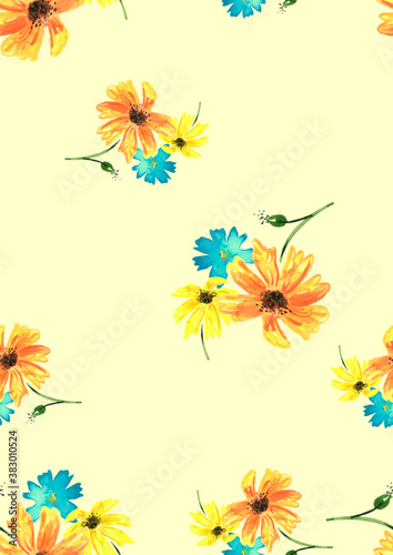 Watercolor seamless pattern  background with a floral pattern. A flower of a chamomile  daisy  aster  cornflower. drawings of plants  flowers. For cloth  paper  scarf. Abstract flower silhouette