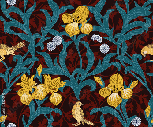 Vintage floral seamless pattern with yellow iris and birds on burgundy background. Vector illustration.
