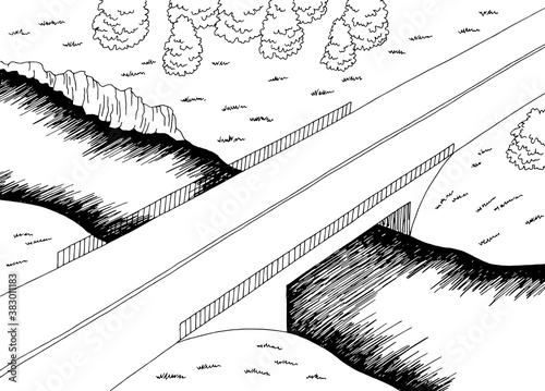 Bridge road top aerial view graphic black white landscape river sketch illustration vector