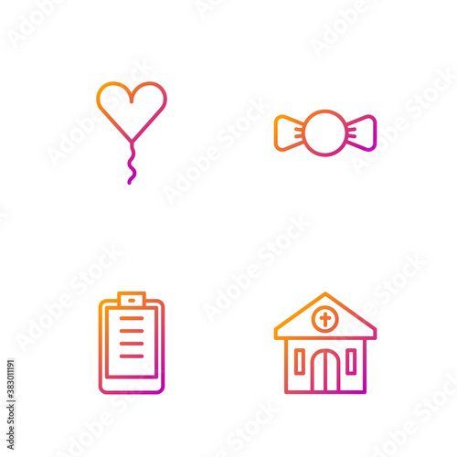 Set line Church building, Clipboard with checklist, Balloon form of heart and Bow tie. Gradient color icons. Vector.