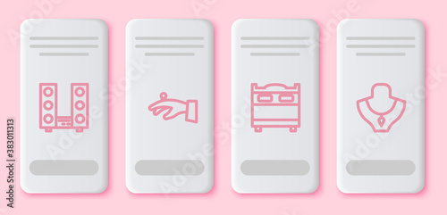 Set line Home stereo with two speakers, Wedding rings on hand, Bedroom and Necklace mannequin. White rectangle button. Vector.