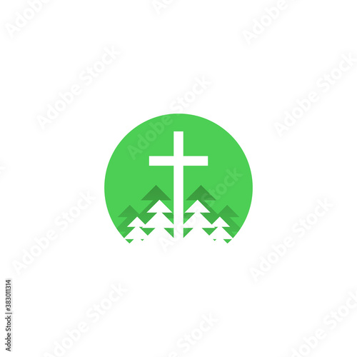 a cross logo inside a circle with trees