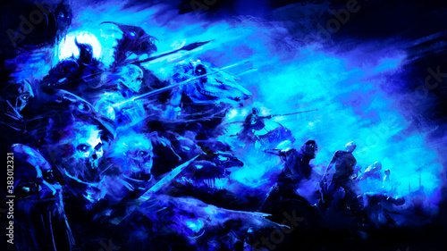 Tableau sur toile An army of undead on ghostly horses in broken armor rushes forward into battle, knights, zombies, swordsmen and cavalry move in a single stream of undead