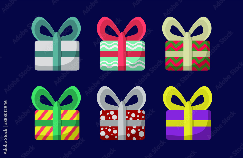 Set of present boxes. Gifts for holidays. Funny boxes. Box with ribbon.