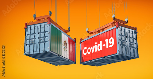 Container with Coronavirus Covid-19 text on the side and container with Mexico Flag. 3D Rendering © Marius Faust