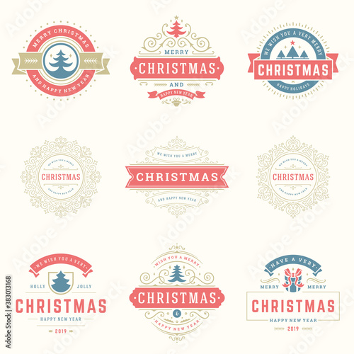 Merry Christmas labels and badges vector design elements set