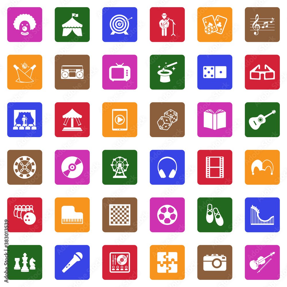 Entertainment Icons. White Flat Design In Square. Vector Illustration. Entertainment Icons. White Flat Design In Square. Vector Illustration.