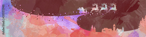 Silhouette of Santa Claus with sleigh sliding through the Holy Night. Colorful watercolor Christmas card vector background.
