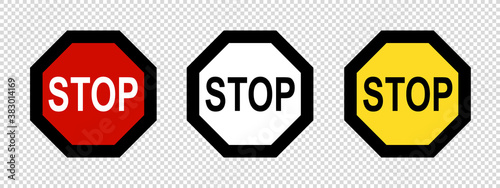 Stop Sign Set - Red, White And Yellow Vector Illustrations - Isolated On Transparent Background