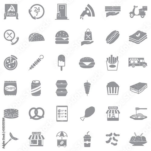 Fast Food Icons. Gray Flat Design. Vector Illustration.