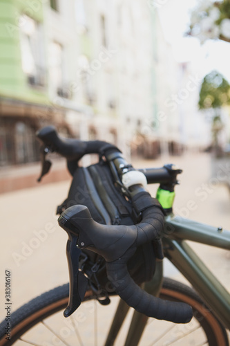 Cropped vertical shot of a bike bag on a bicycle, copy space