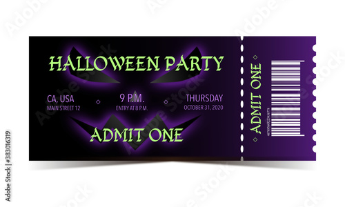 Halloween party violet bright ticket with pumpkin evil smile for admit one