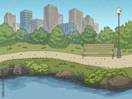 Park river graphic color city landscape sketch illustration vector 