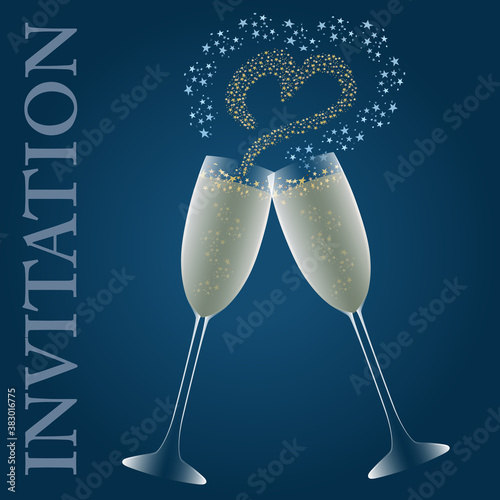 Carte d'invitation pour une soirée en amoureux - Trinquer avec deux verres de champagne pour faire apparaître des étoiles en forme de cœur.